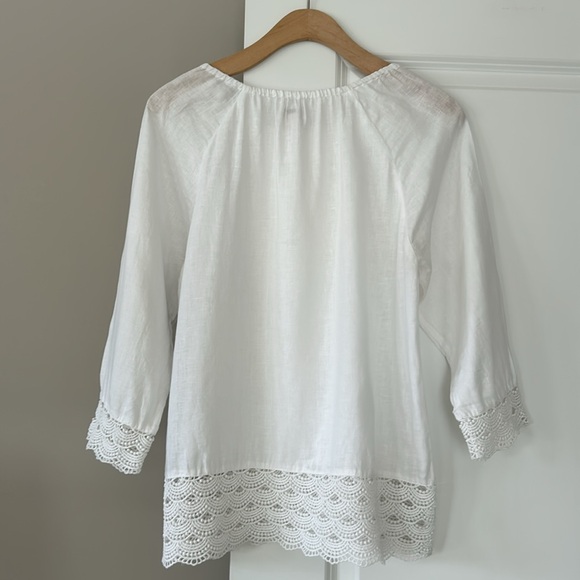 J Crew Scalloped Edge Crochet Lace Trimmed Linen Peasant Blouse White Small - Picture 6 of 11